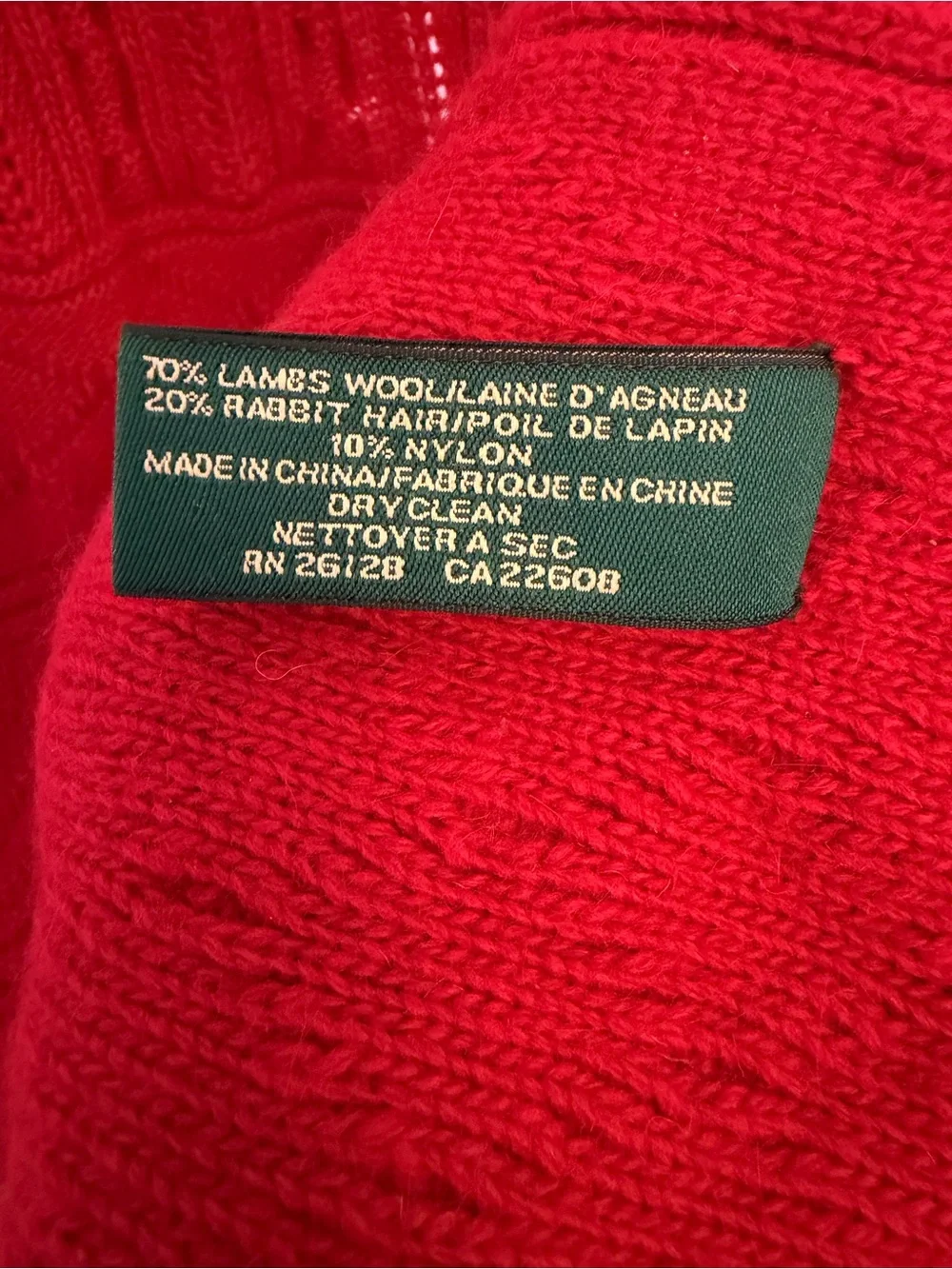 Lauren Ralph Lauren Red knit Scarf Lambs Wool Rabbit Hair Winter Classic